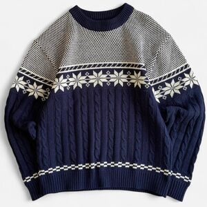 Vintage JC Penney Navy Blue White Snowflake Knit Sweater M